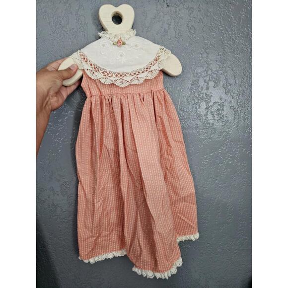 Vintage Handmade Dress On Wooden Hanger Heart Floral Lace Orange & Ivory Decor - Picture 2 of 16